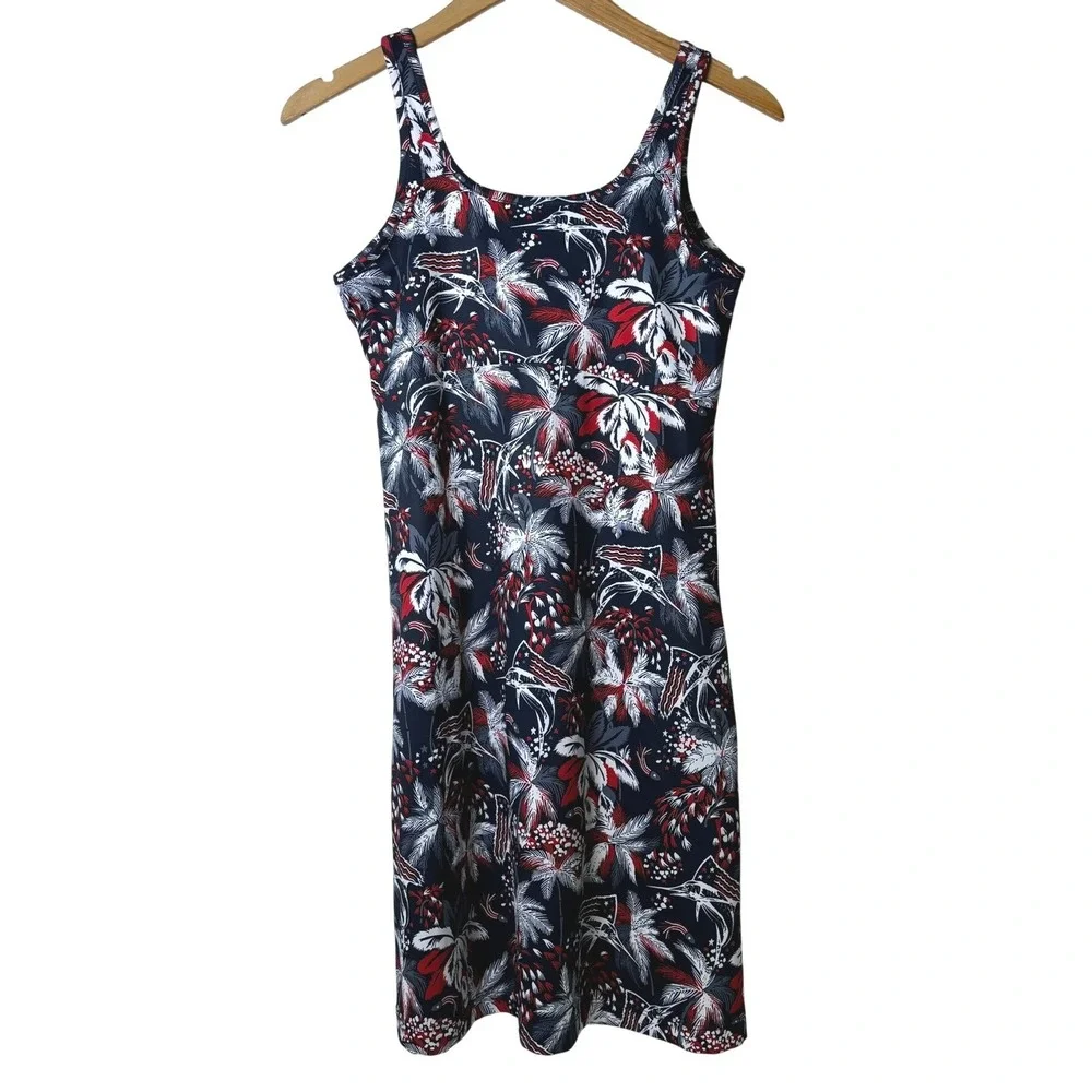 Columbia PFG Dress Womens Small Petite Navy Red Tropical Americana Freezer Dress